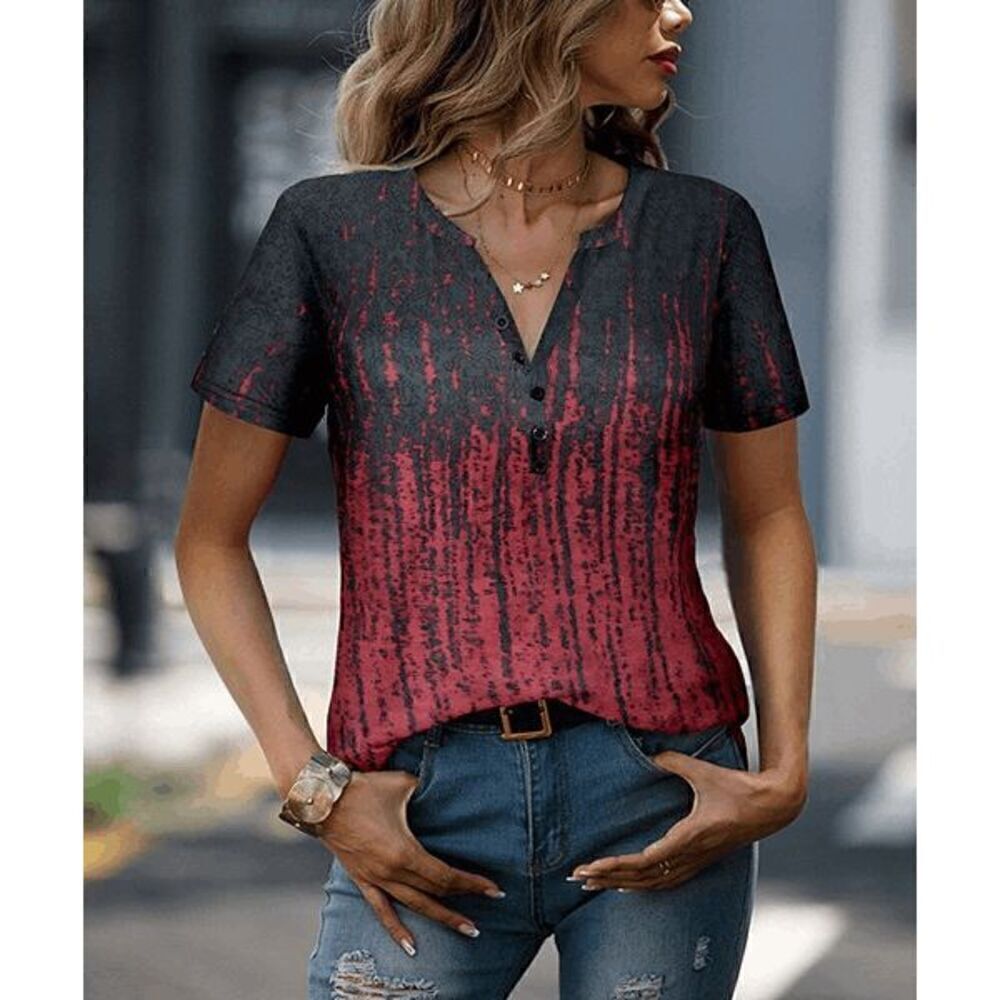 Women's Red & Black Abstract Button-Front Notch Neck Top XXL